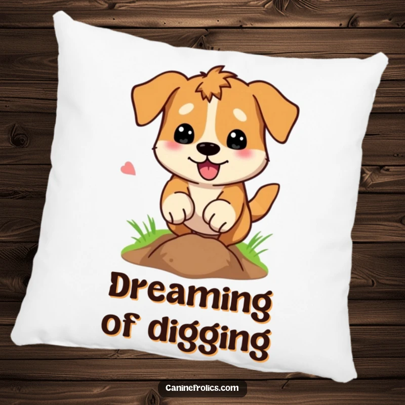 Funny Pillow: A dog digs with gusto, paws a blur, caught in a comical moment of dedicated excavation and pure joy.