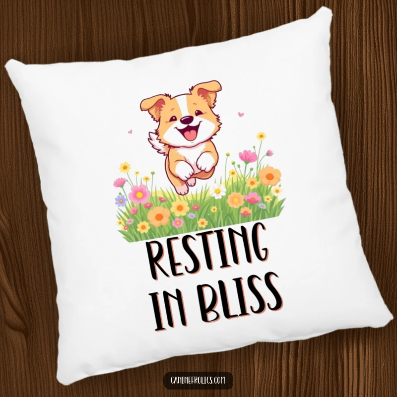 Funny dog pillow with a dog bounding through a field of flowers, bringing a sense of natural joy and happiness indoors.