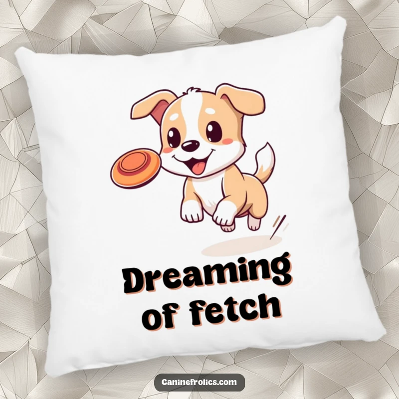 Funny dog pillow showcasing a dog with a wagging tail soaring for a frisbee, bringing a touch of playful energy to any room.
