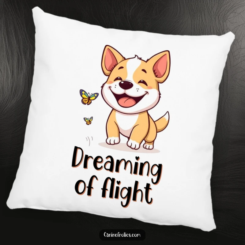 Funny pillow design showcasing a dog with a huge, ecstatic grin, playfully pursuing a butterfly, bringing cheerful energy to any room.