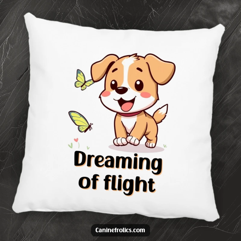 Funny Dog Pillow: A soft pillow depicting a dog character joyfully chasing a fluttering butterfly, bringing outdoor charm.