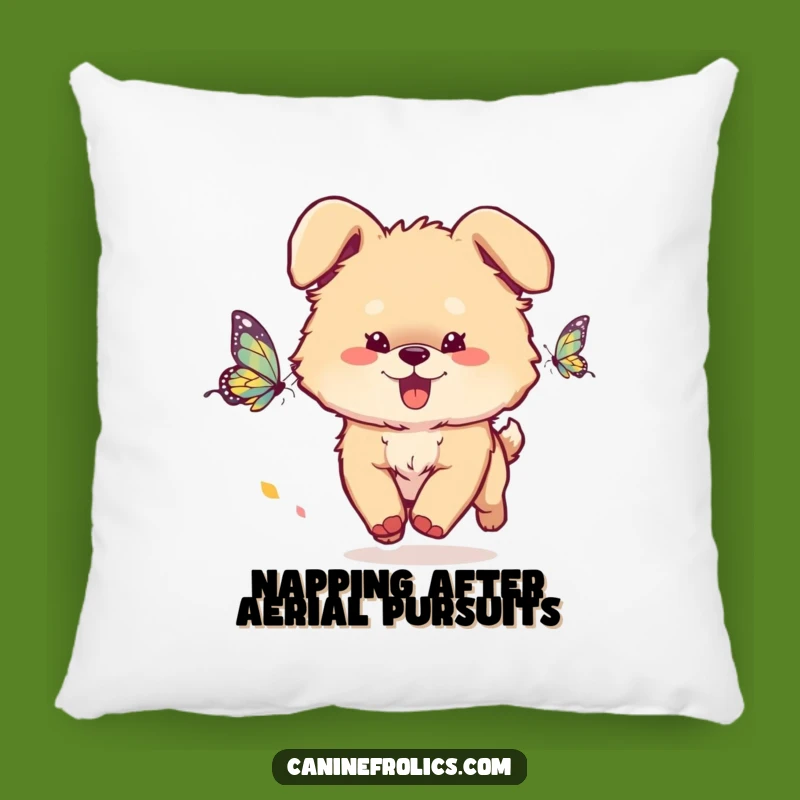 Funny Dog Pillow: Fluffy Pup Butterfly Chase Cushion - Cozy & Whimsical Decor