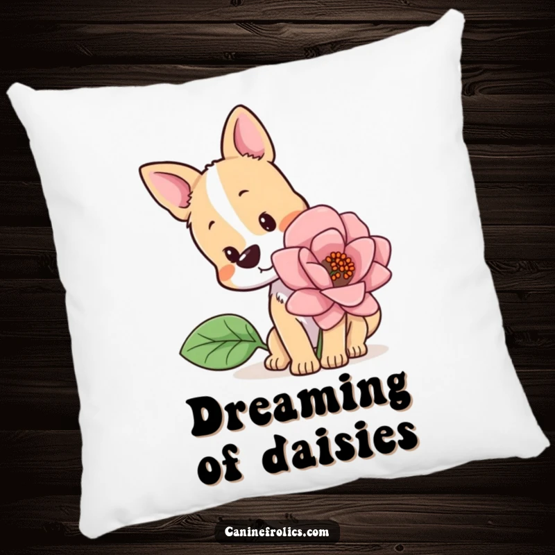 Funny pillow featuring a dog with a sweet head tilt, sniffing a large, colorful flower, adding a touch of gentle curiosity.