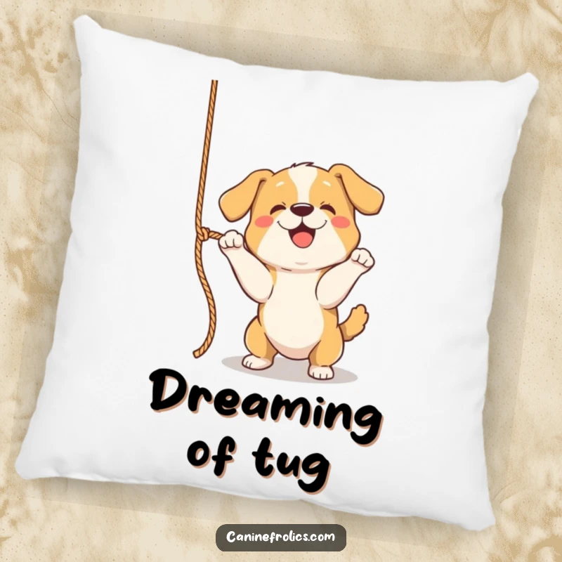 Funny Dog Pillow, a soft cushion featuring a dog playfully batting at a dangling rope, bringing comfort and a sense of play.