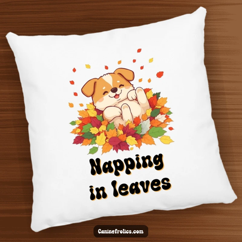 Funny pillow depicting a dog blissfully rolling amongst a pile of vibrant autumn leaves, adding a touch of cozy, seasonal cheer to home decor.