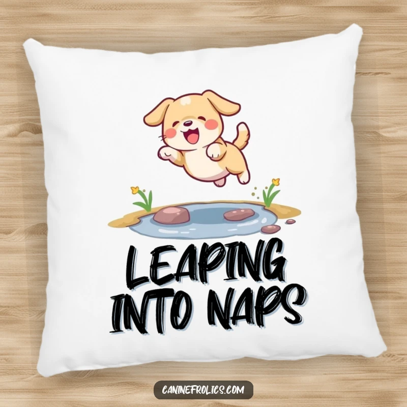 Funny dog pillow showing a happy dog leaping over a small puddle, full of glee.
