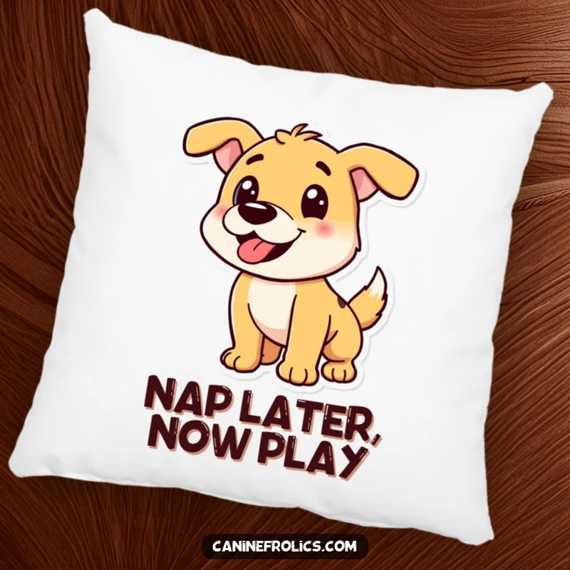 Funny Dog Pillow: Soft cushion featuring a playful dog mid-pounce, conveying energy and readiness for fun interaction.