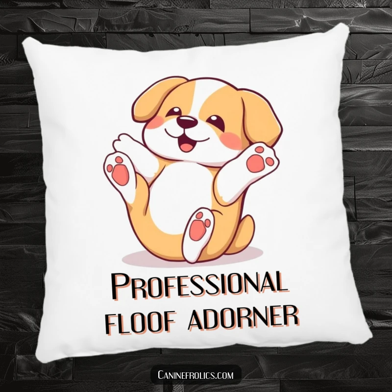 Funny dog pillow showing a character playfully rolling on its back with paws in the air, perfect for adding comfort and pure joy.