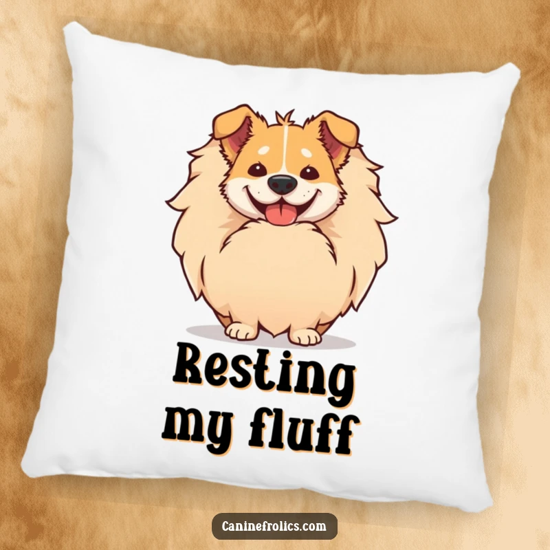 Funny pillow showing a dog's comically large, delighted smile peeking from behind its enormous, fluffy tail, bringing joy.