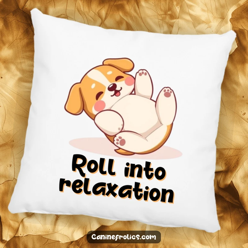Funny Pillow: A dog is delightfully rolling on its back, paws waving in the air, radiating pure, hilarious, and contented bliss.