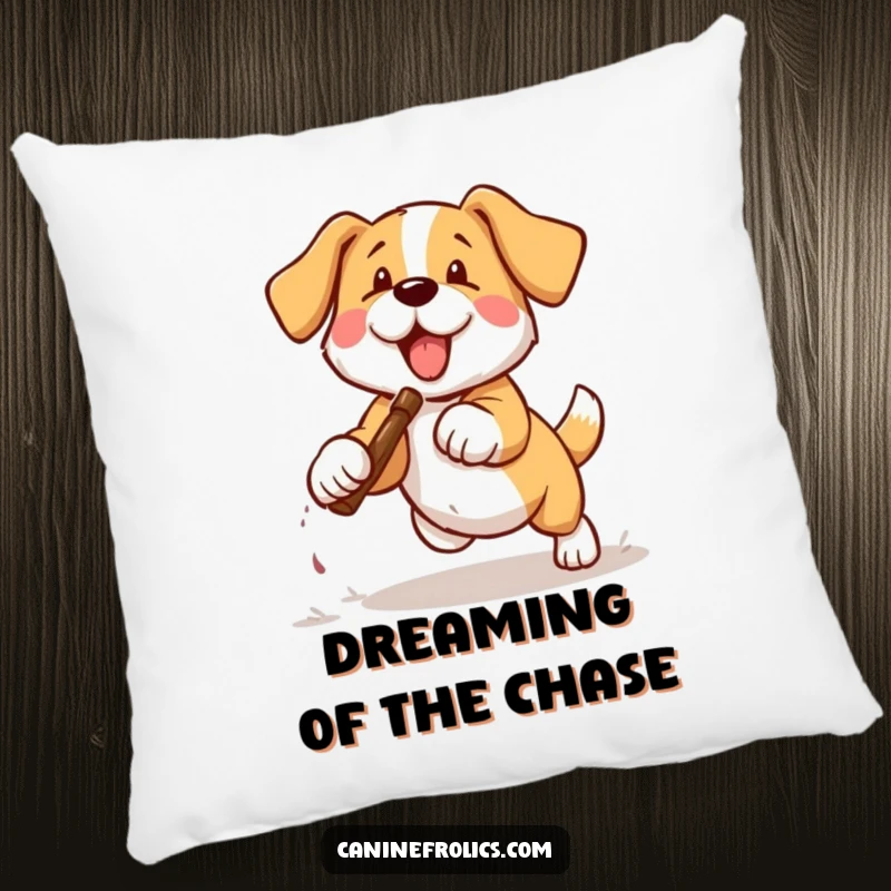 Funny dog pillow design showing a dog mid-leap, stick in mouth, with a cheerful expression.
