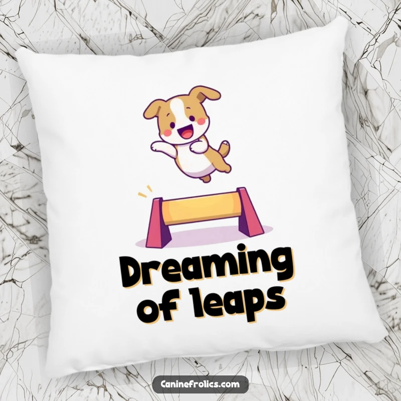 Funny dog pillow featuring an excited character joyfully leaping over a small, colorful obstacle, adding a touch of playful energy to décor.