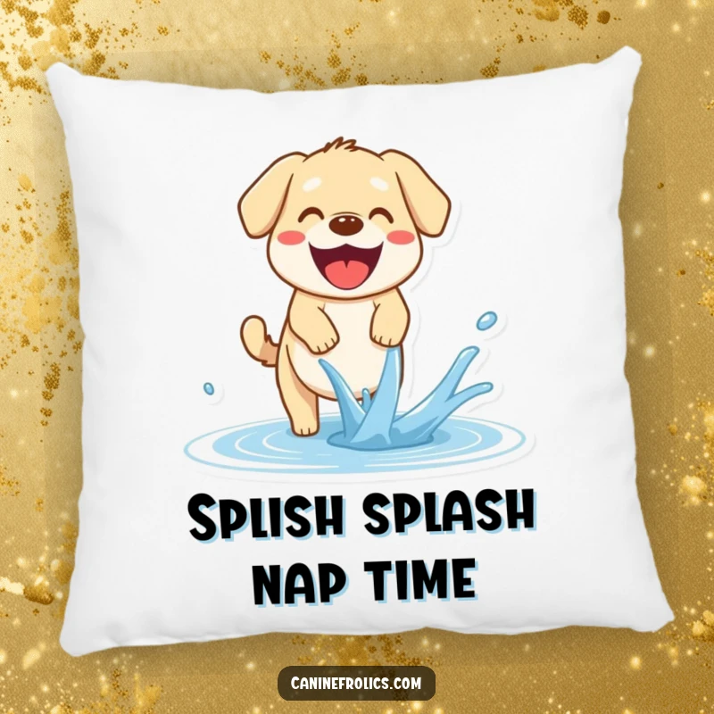 Funny Dog Pillow: A happy dog pants with an open mouth, joyfully trying to catch a stream of water, providing comfort and cartoonish fun.