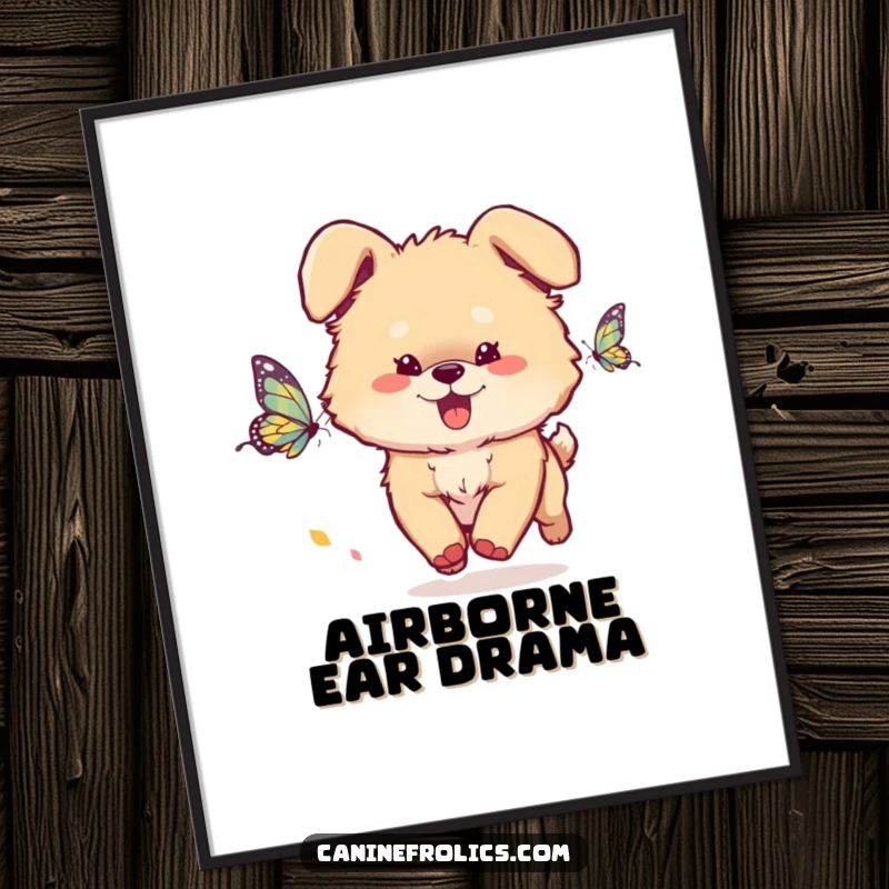 Funny Dog Digital Art Print: A fluffy dog with ears flopping energetically chases a colorful butterfly, capturing a moment of pure, whimsical joy.