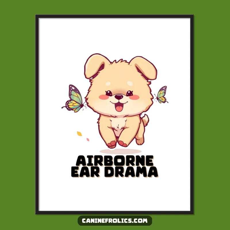 Funny Dog Digital Art: Fluffy Pup Butterfly Chase - Instant Whimsical Decor