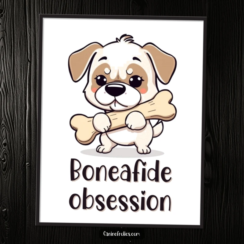 Funny dog digital art print showing a determined dog carrying a comically huge bone, perfect for adding humor and motivation.