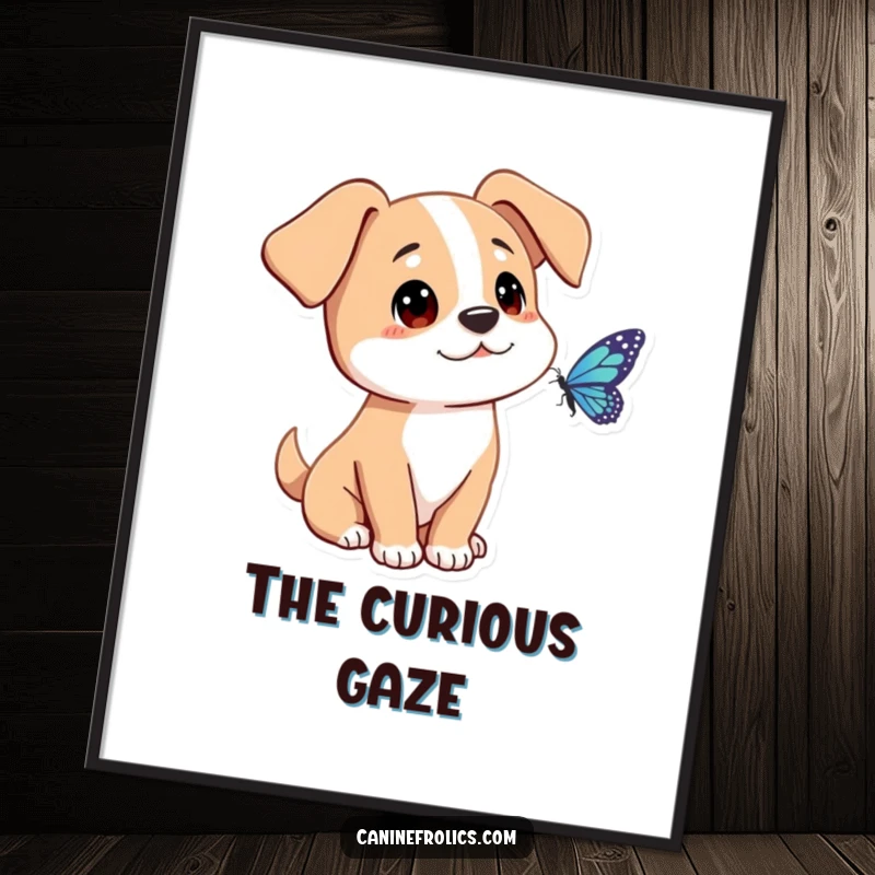Funny dog digital art print of a character with ears flopped forward, curiously looking at a butterfly, ready for immediate download and display.