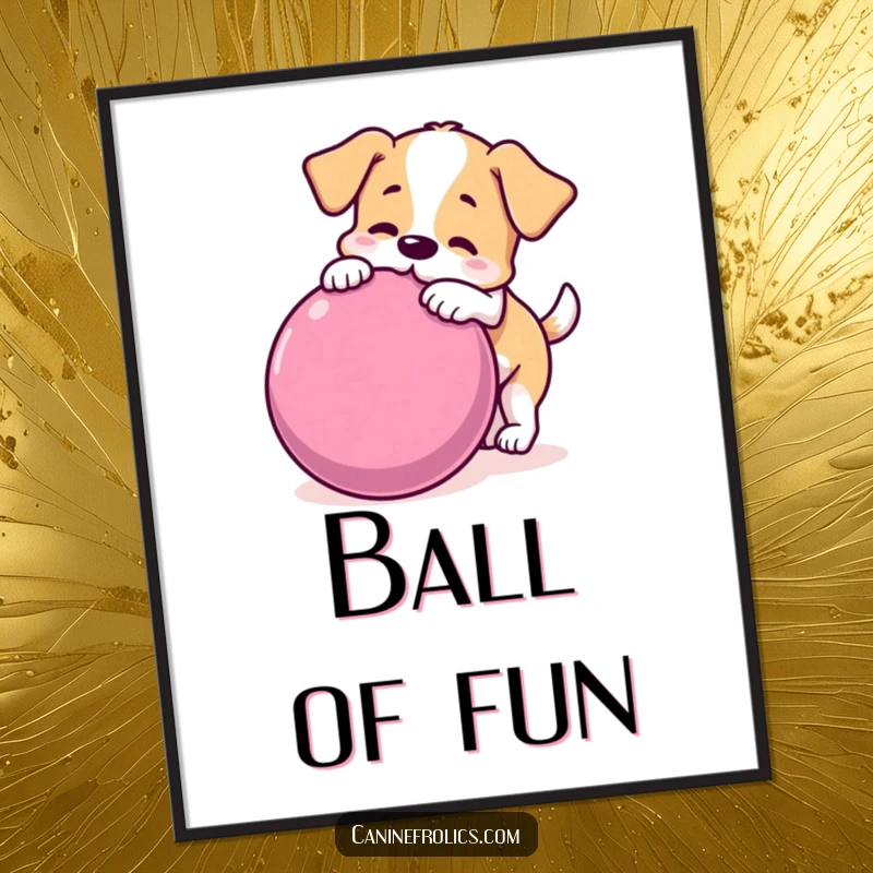 Funny dog digital art print showing a playful dog nudging a comically large rolling ball, perfect for adding humor and fun.