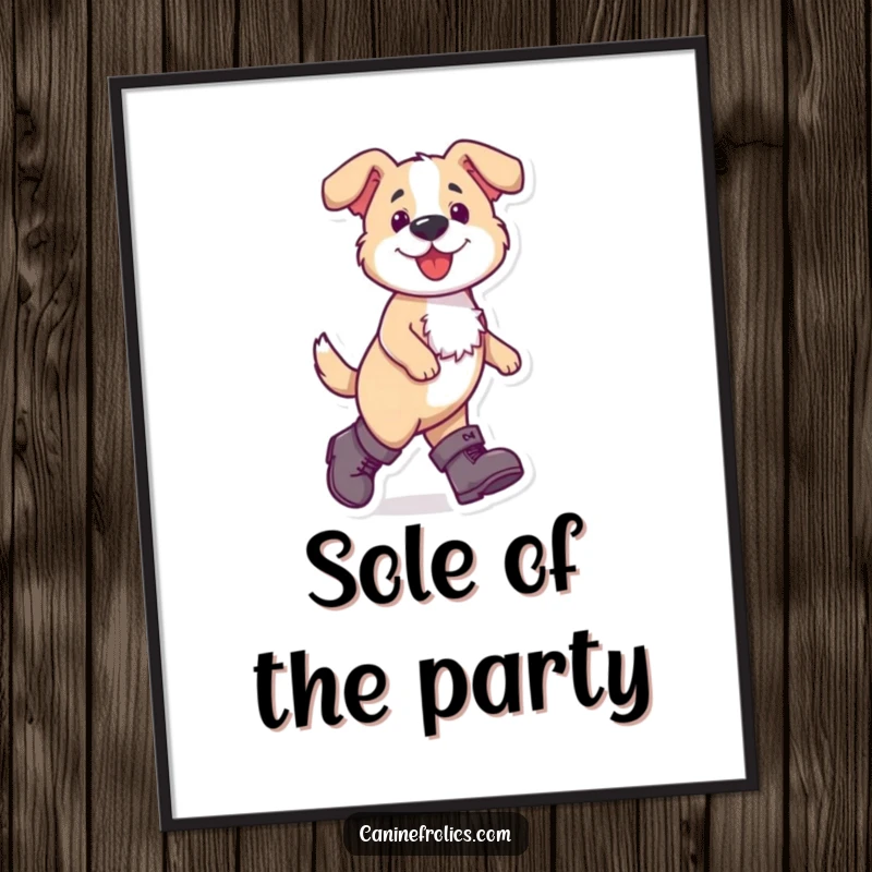 Funny dog digital art print showing a dog wearing large boots and striding confidently, perfect for adding humor and style.