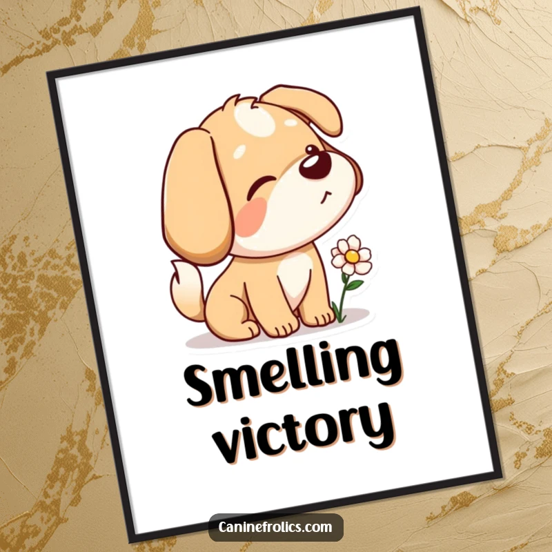 Funny digital art print of a dog character curiously sniffing a flower, tail wagging, embodying gentle inquisitiveness and charm.