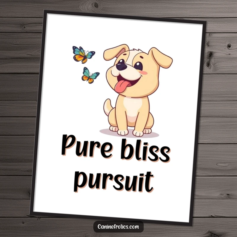 Funny dog digital art print of a happy dog with its tongue lolling out, joyfully chasing a butterfly.