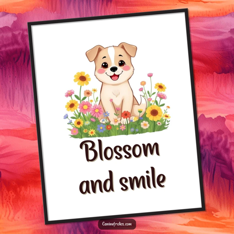 Funny Dog Digital Art Print: A smiling dog character sitting contentedly amidst colorful wildflowers, evoking peace and joy.