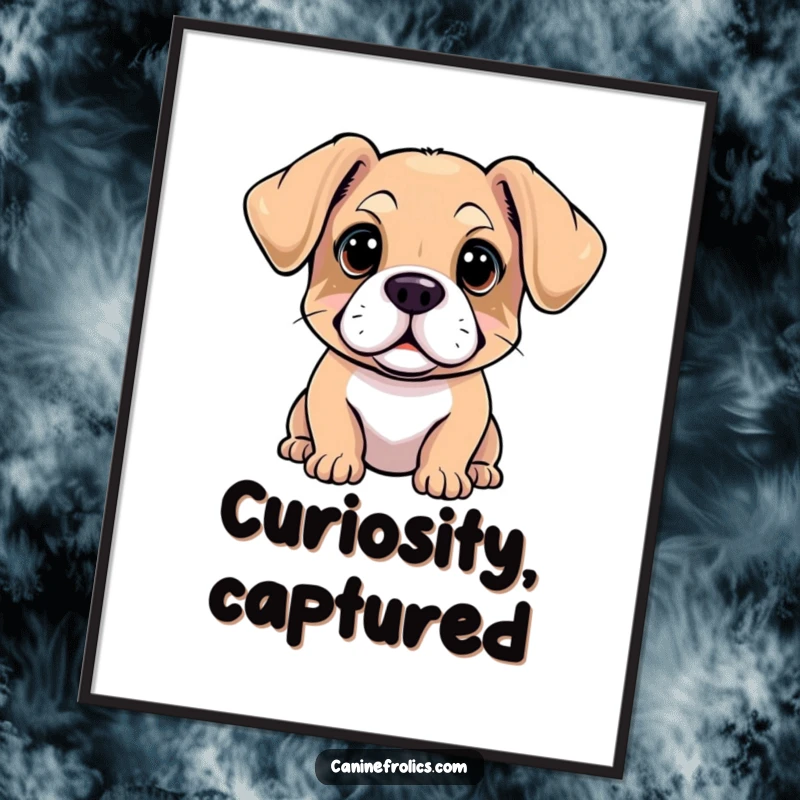 Funny digital art print of a dog with ears forwardly flopped, head tilted, eyes wide with a charming and deep sense of inquisitiveness.