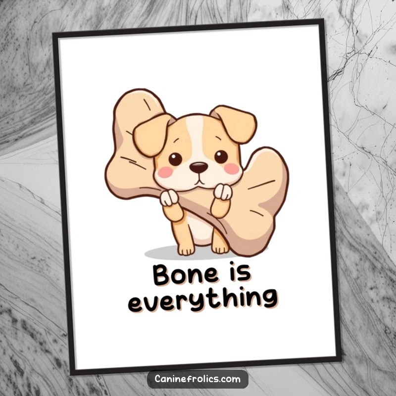 Funny dog digital art print of a character peeking from behind a giant, oversized bone, ready for immediate download and display.