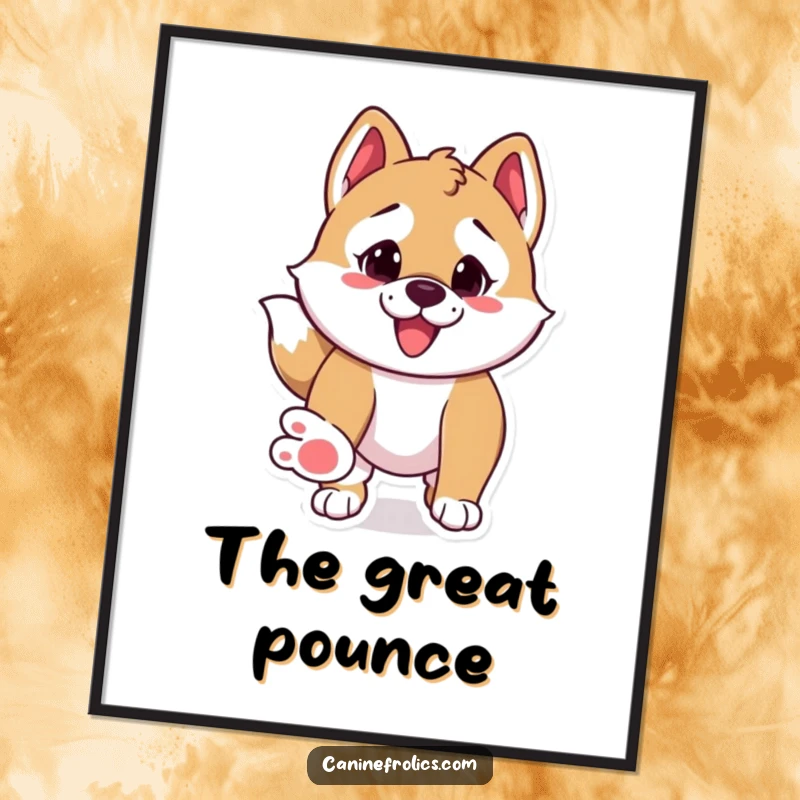 Funny digital art print of a dog in a comical, paws-out stance, hilariously ready to pounce.