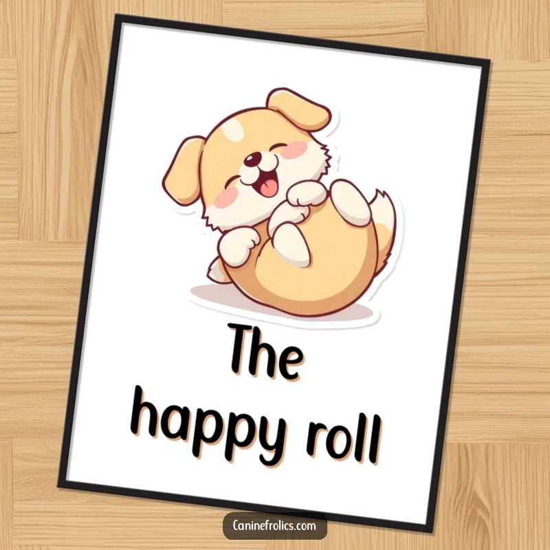 Funny digital art print of a dog blissfully rolling on its back, radiating sheer joy and contentment.