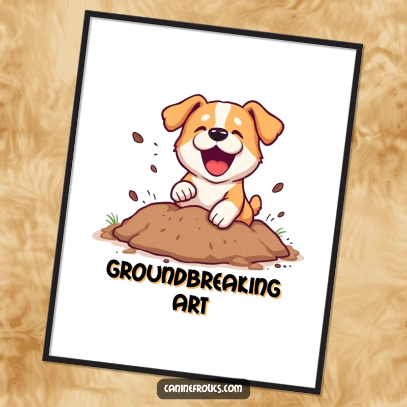 Funny Digital Art: An energetic dog digging with dirt playfully flying everywhere, a humorous and lively illustration for your walls.