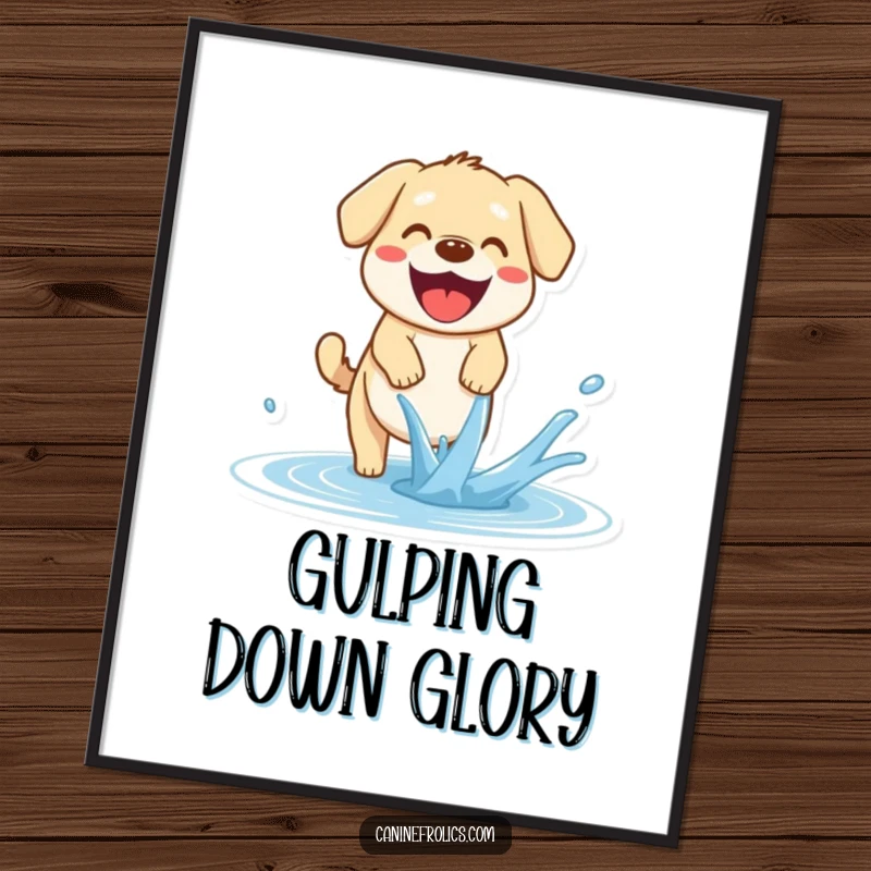 Funny Dog Digital Art Print: A happy dog pants with mouth open, joyfully trying to catch a stream of water, capturing exhilarating fun.