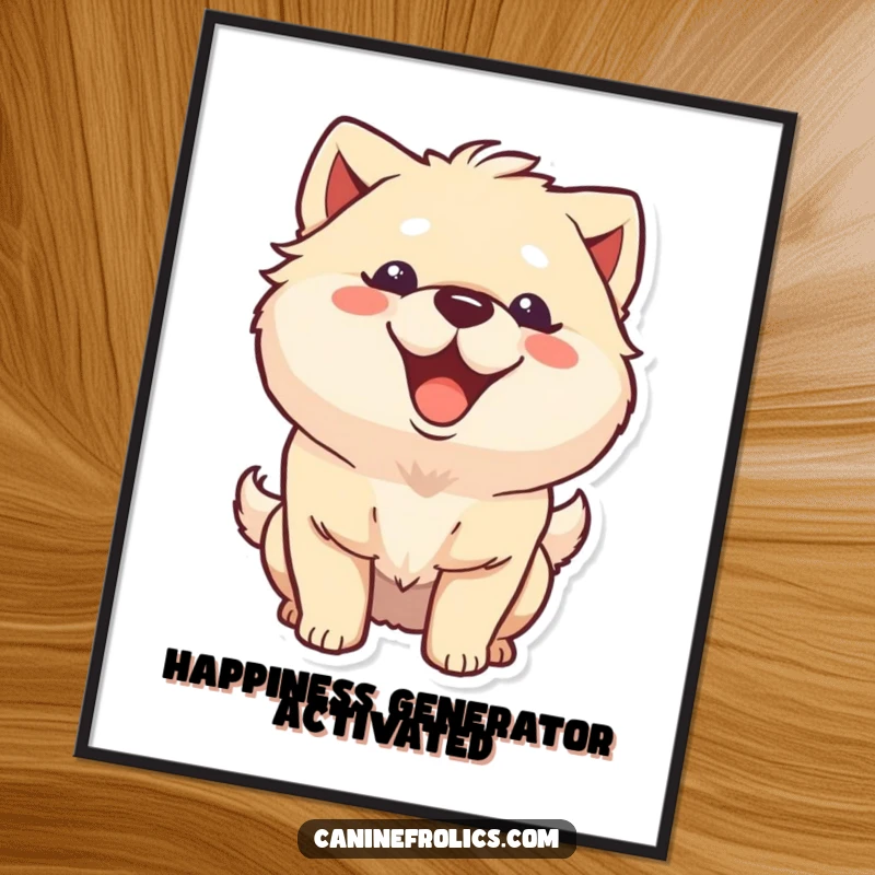 Funny fluffy dog digital art print of a character with a big happy grin and wagging tail, ready for instant download and display.