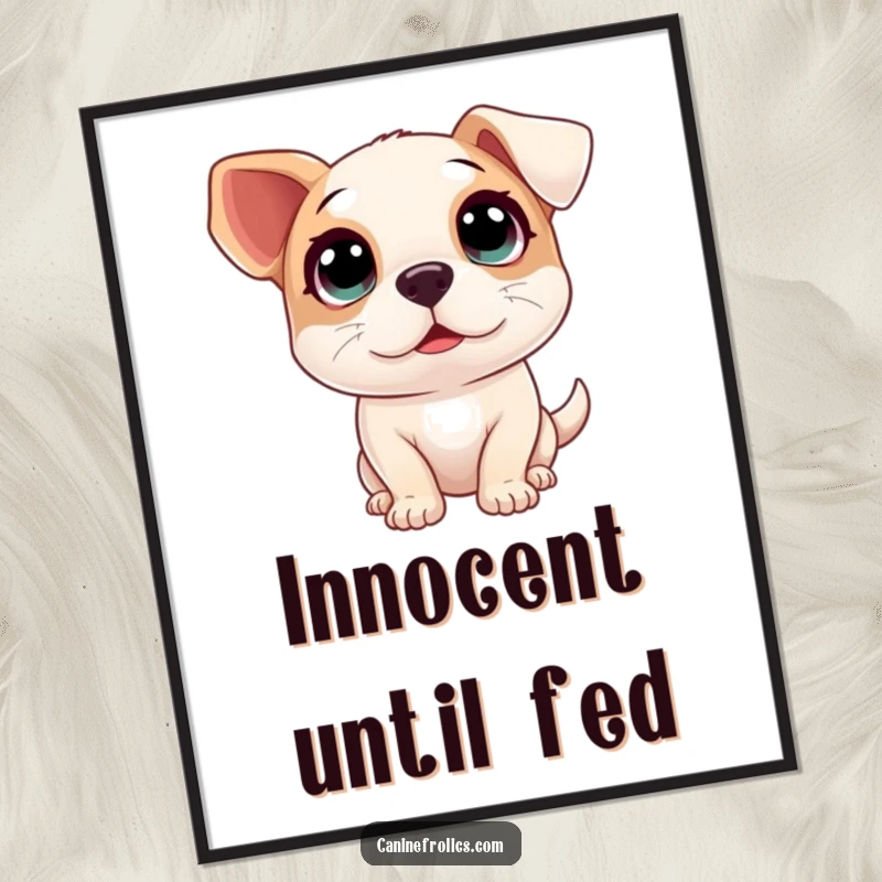 Funny digital art print of a dog with large, innocent eyes looking up with overwhelming excitement and charm.
