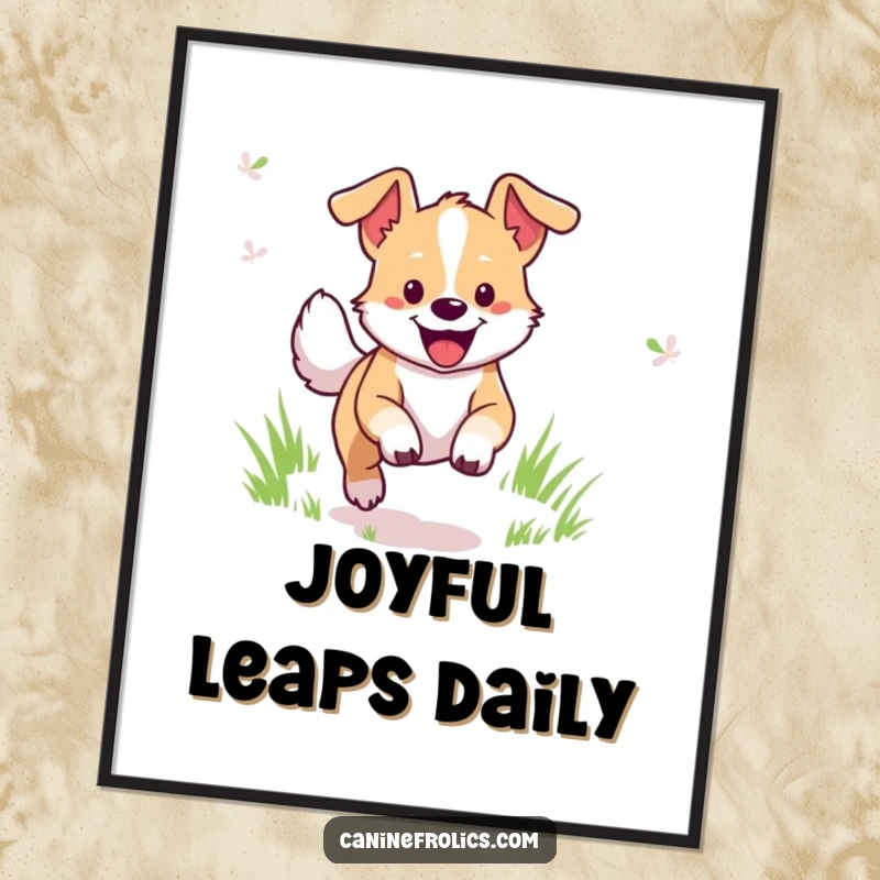 Funny Dog Digital Art Print: Cheerful dog character joyfully bounding through a vibrant grassy field, full of life and happiness.