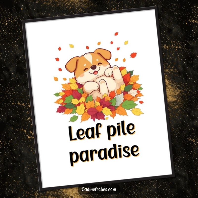 Funny digital art print of a dog ecstatically rolling in colorful autumn leaves, embodying pure fall happiness and carefree delight, instantly downloadable.