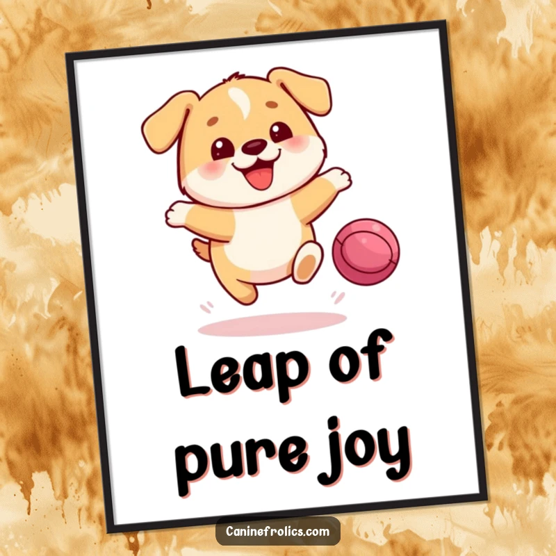 Funny Dog Digital Art Print: A vibrant depiction of a small, round dog character joyfully leaping towards a bouncing ball, full of energy.