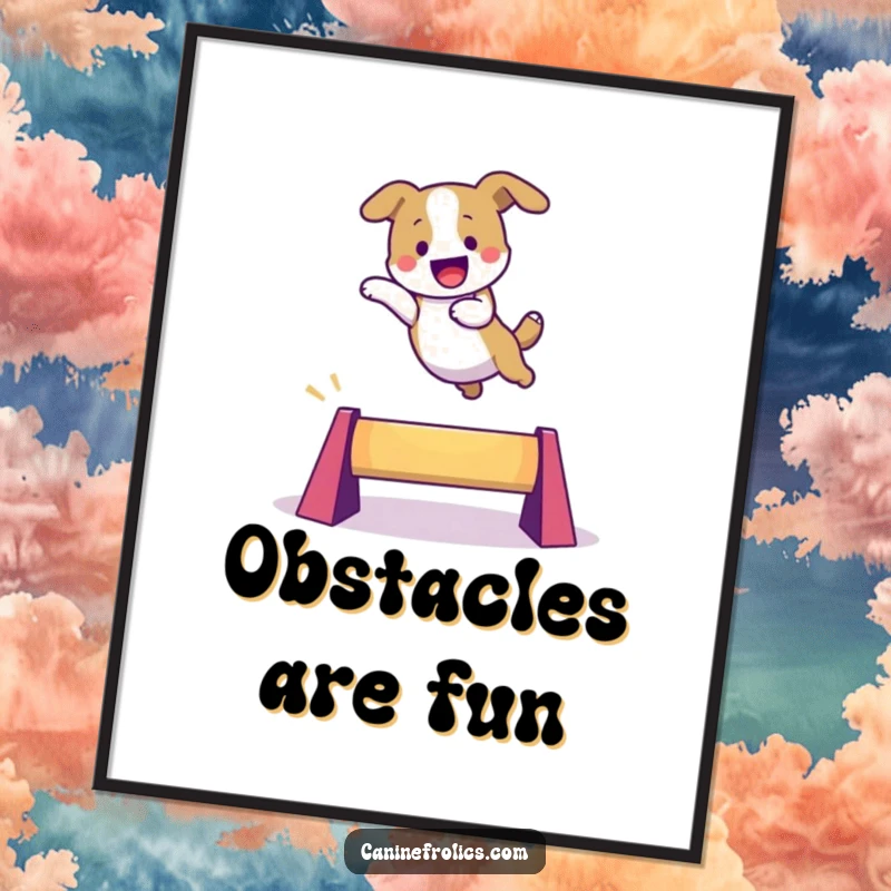 Funny dog digital art print of an excited character leaping over a small, colorful obstacle, ready for immediate download and display.