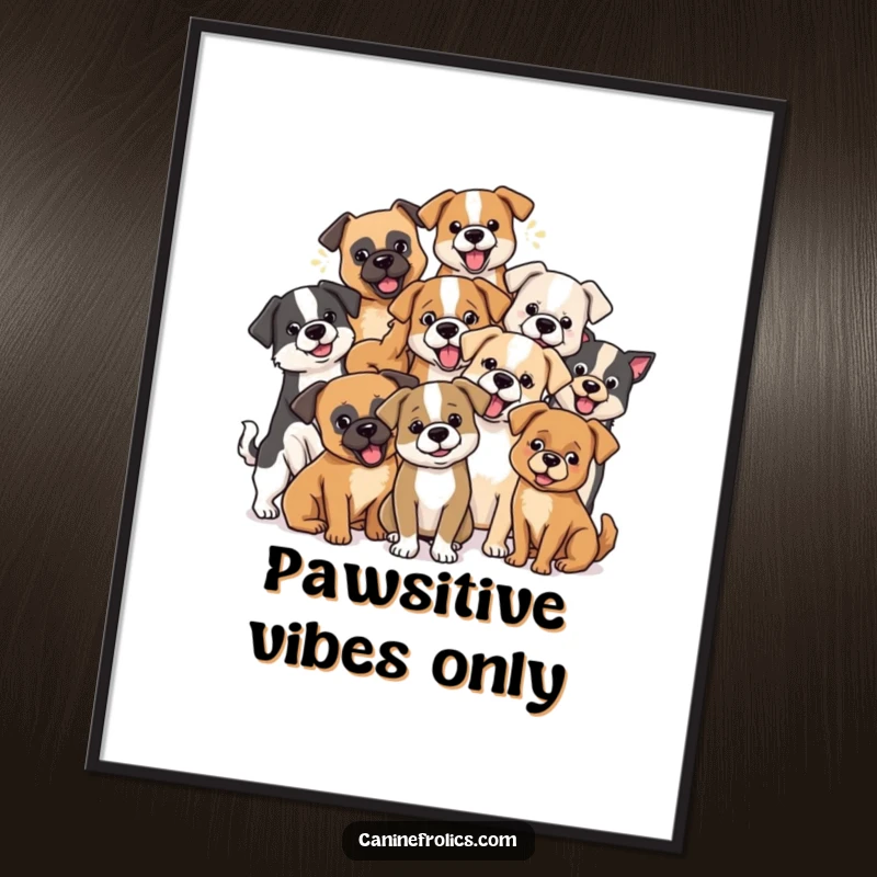Funny dog digital art print of a group of diverse dog breeds playfully interacting, radiating joy and fun.