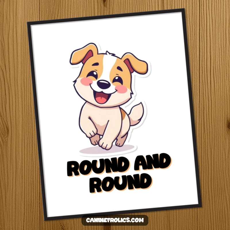 Funny digital art print of a dog character grinning and chasing its tail in a comical circle, radiating playful absurdity.