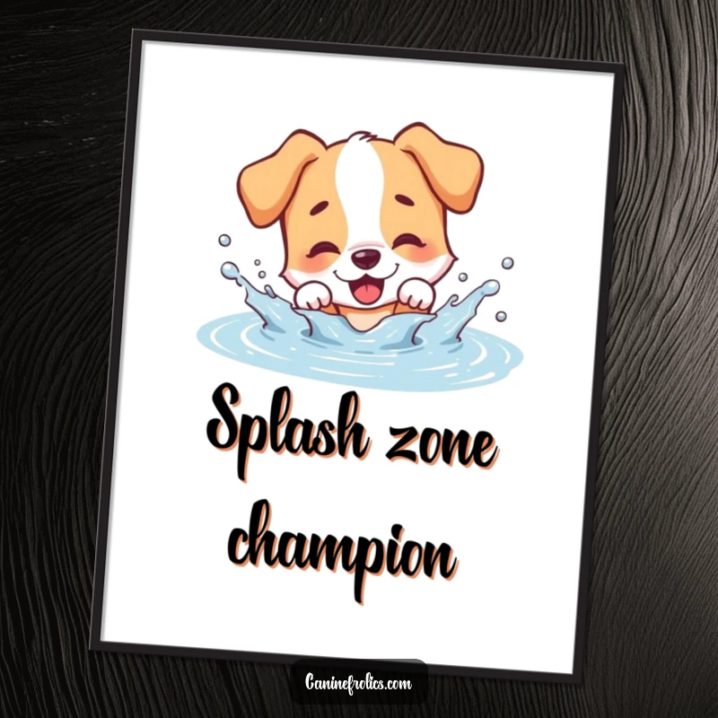 Funny dog digital art print, a dog character gleefully splashing in a puddle, instant download for happy decor.