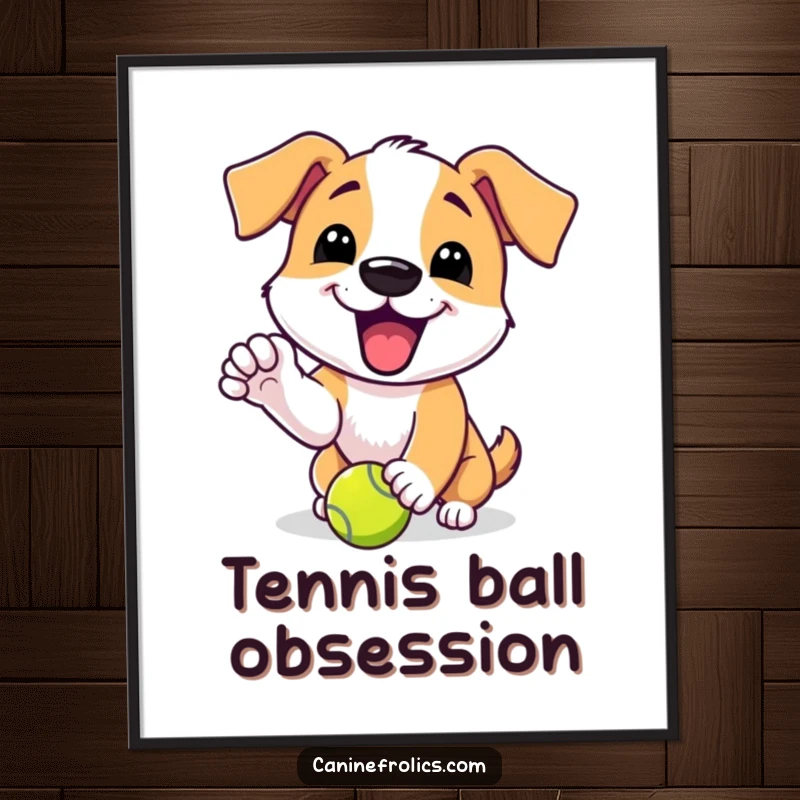 Funny digital art print of a dog character with an excited yip, playfully nudging a tennis ball, embodying playful energy.