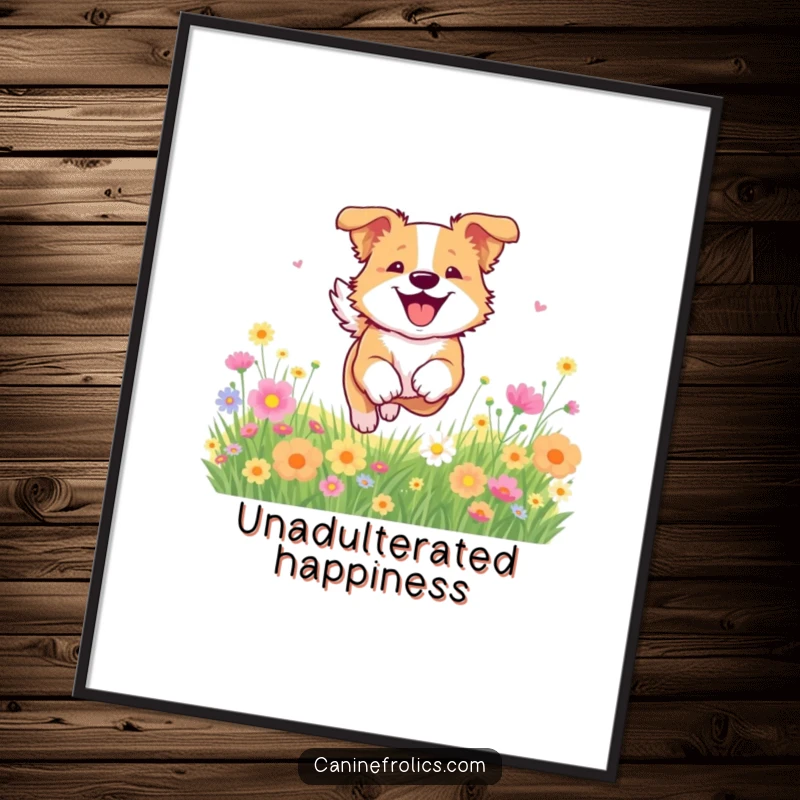 Funny dog digital art print of a dog bounding through a field of flowers, embodying pure, unadulterated joy and freedom.
