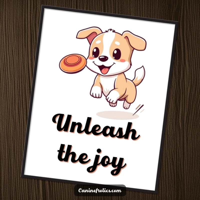 Funny dog digital art print of a dog with a wagging tail joyfully chasing a frisbee mid-air, capturing pure athleticism and happiness.