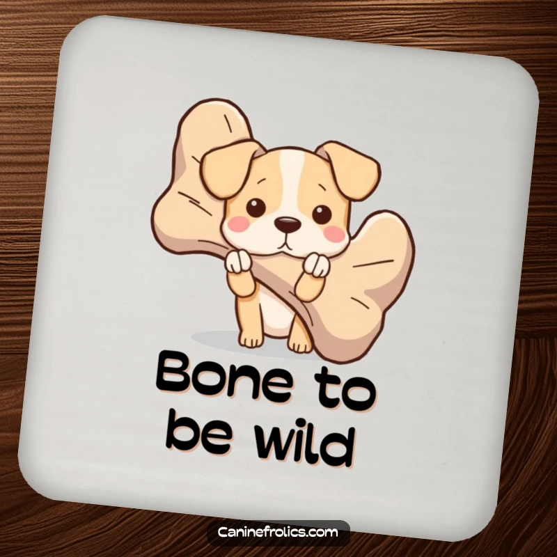 Funny dog coasters (set of 4) showing characters peeking from behind oversized bones, adding humor and playfulness to tabletops.
