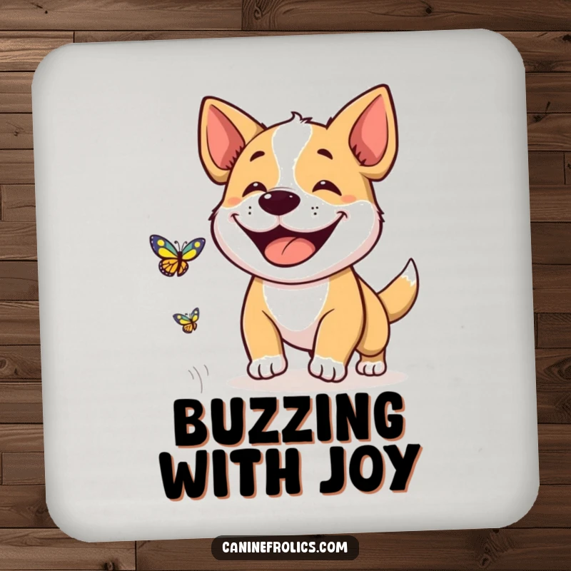 Funny drink coaster showcasing a dog's wide grin in pursuit of a butterfly, adding a touch of playful joy to tabletops.