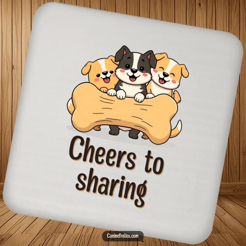 Funny Dog Coaster, showing simplified, happy dogs joyfully sharing a large bone, adding a touch of camaraderie to your drinks.
