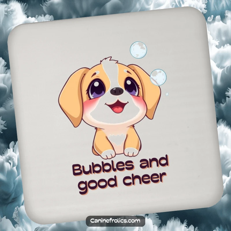 Funny dog coaster depicting a delighted dog watching floating bubbles, adding humor and protection to furniture.