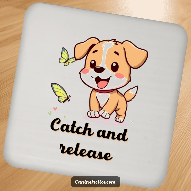 Funny Dog Coaster: Illustration of a dog character playing chase with a fluttering butterfly, adding humor to your table.