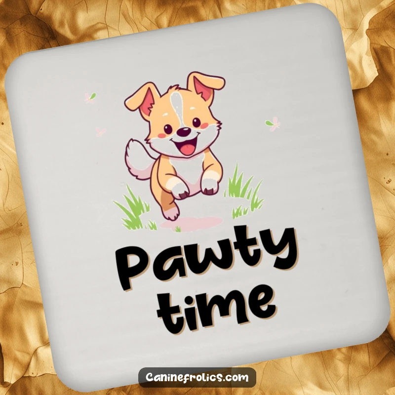 Funny Dog Coaster: Cheerful dog character in energetic motion, bounding through a grassy field, adding humor to your table.
